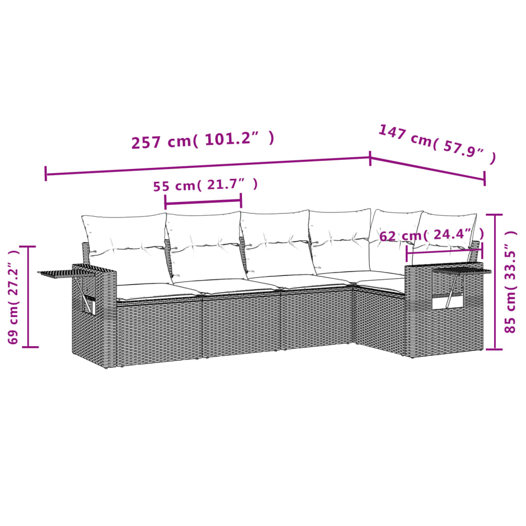 5-tlg. Garten-Sofagarnitur mit Kissen Hellgrau Poly Rattan