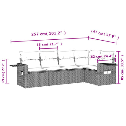 5-tlg. Garten-Sofagarnitur mit Kissen Hellgrau Poly Rattan