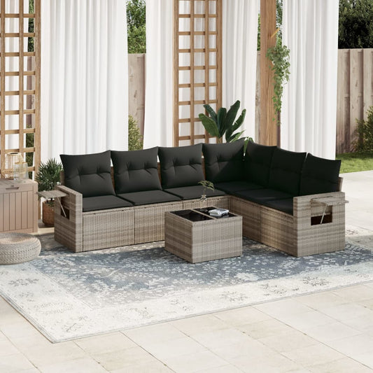 7-tlg. Garten-Sofagarnitur mit Kissen Hellgrau Poly Rattan