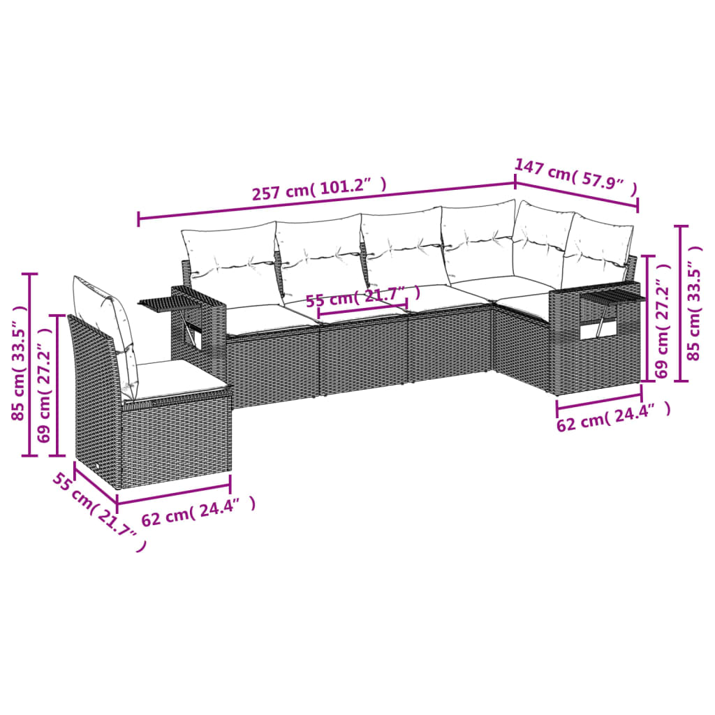 6-tlg. Garten-Sofagarnitur mit Kissen Hellgrau Poly Rattan