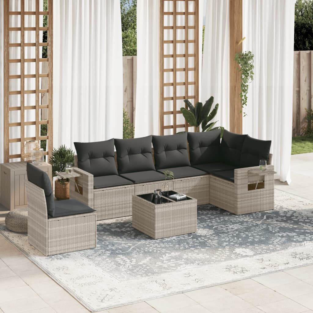 7-tlg. Garten-Sofagarnitur mit Kissen Hellgrau Poly Rattan