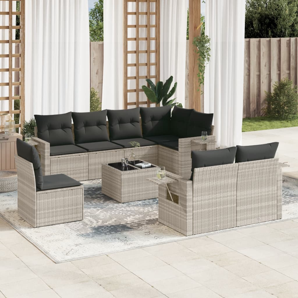 9-tlg. Garten-Sofagarnitur mit Kissen Hellgrau Poly Rattan