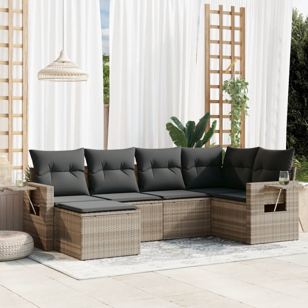 6-tlg. Garten-Sofagarnitur mit Kissen Hellgrau Poly Rattan