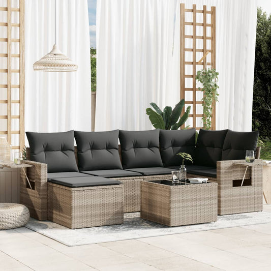 7-tlg. Garten-Sofagarnitur mit Kissen Hellgrau Poly Rattan