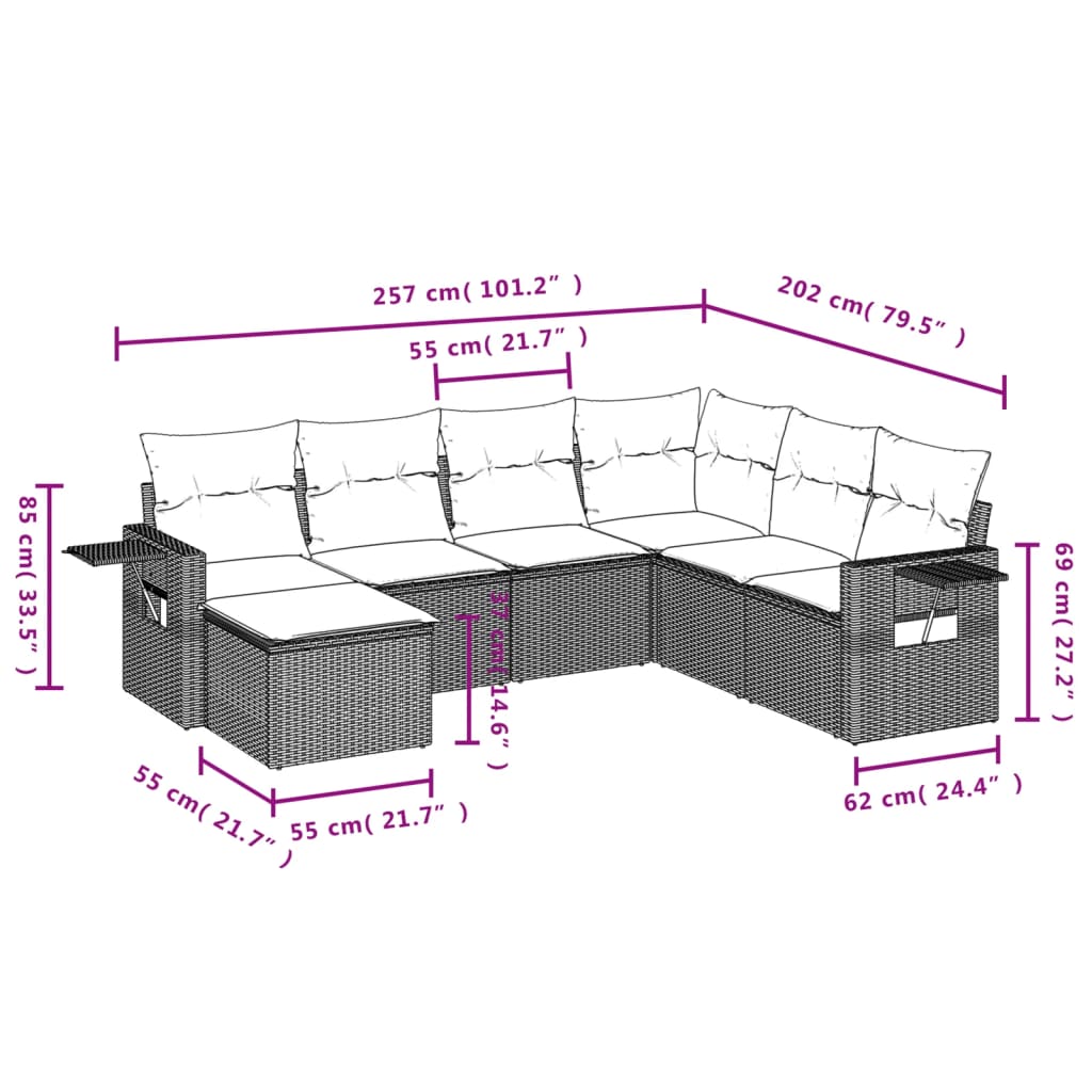 7-tlg. Garten-Sofagarnitur mit Kissen Hellgrau Poly Rattan