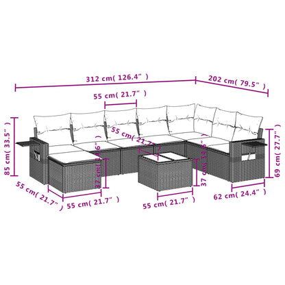 9-tlg. Garten-Sofagarnitur mit Kissen Hellgrau Poly Rattan