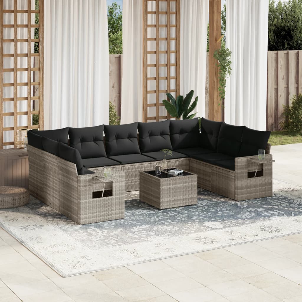 10-tlg. Garten-Sofagarnitur mit Kissen Hellgrau Poly Rattan