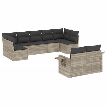 9-tlg. Garten-Sofagarnitur mit Kissen Hellgrau Poly Rattan