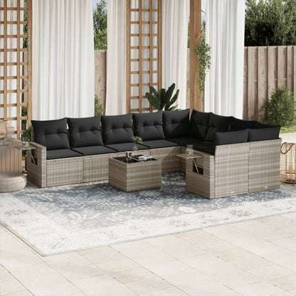 10-tlg. Garten-Sofagarnitur mit Kissen Hellgrau Poly Rattan