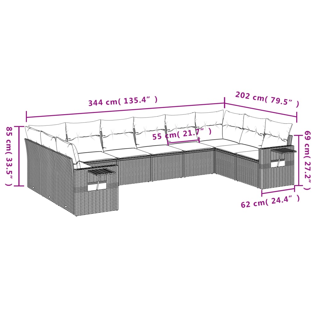 10-tlg. Garten-Sofagarnitur mit Kissen Hellgrau Poly Rattan