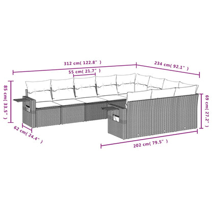 10-tlg. Garten-Sofagarnitur mit Kissen Hellgrau Poly Rattan