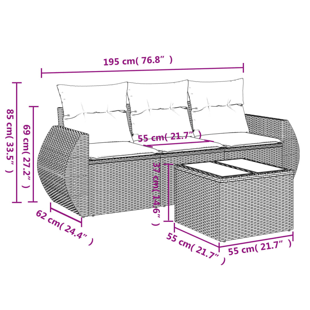 4-tlg. Garten-Sofagarnitur mit Kissen Hellgrau Poly Rattan