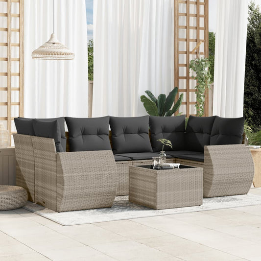 7-tlg. Garten-Sofagarnitur mit Kissen Hellgrau Poly Rattan