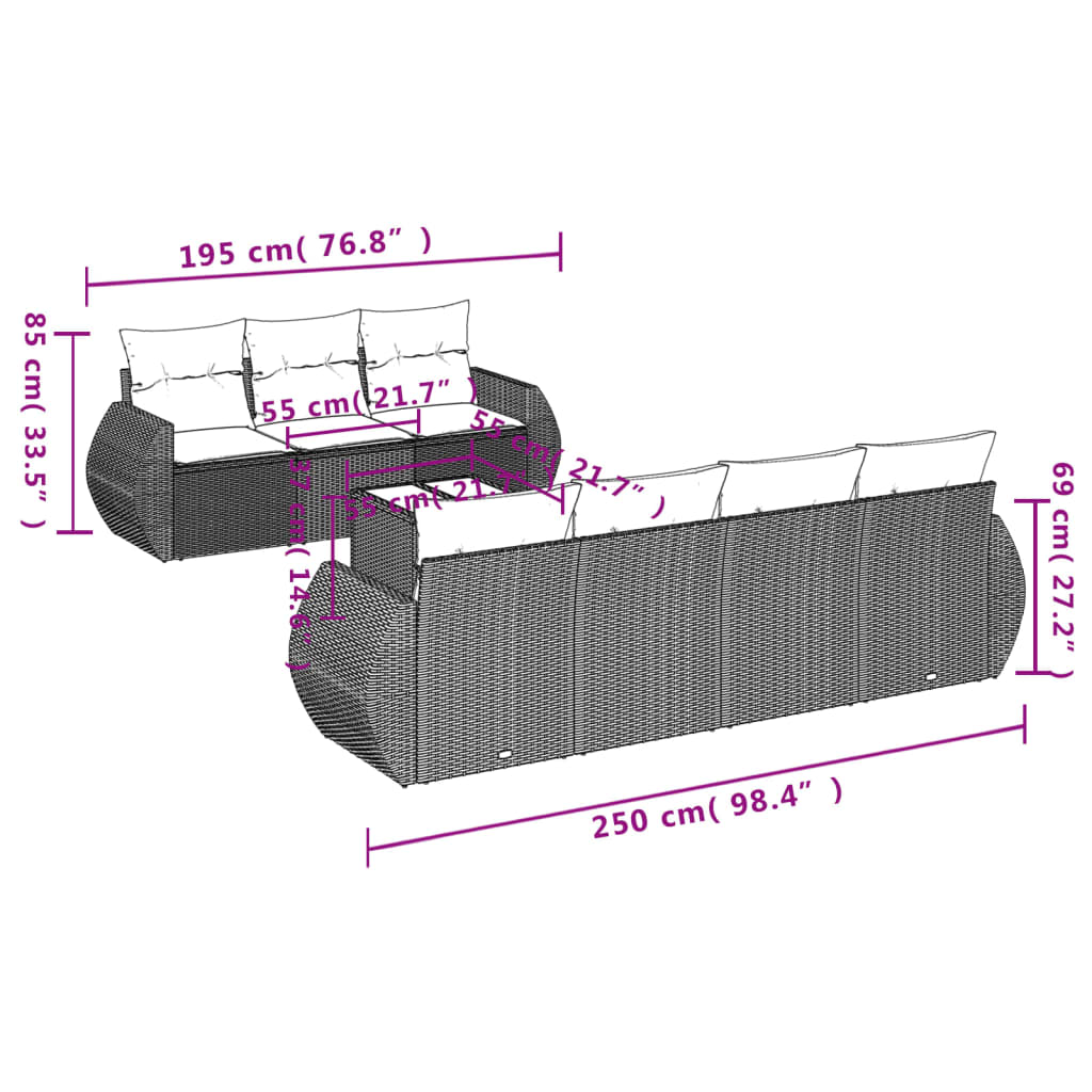 8-tlg. Garten-Sofagarnitur mit Kissen Hellgrau Poly Rattan