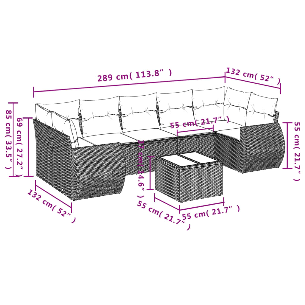 8-tlg. Garten-Sofagarnitur mit Kissen Hellgrau Poly Rattan