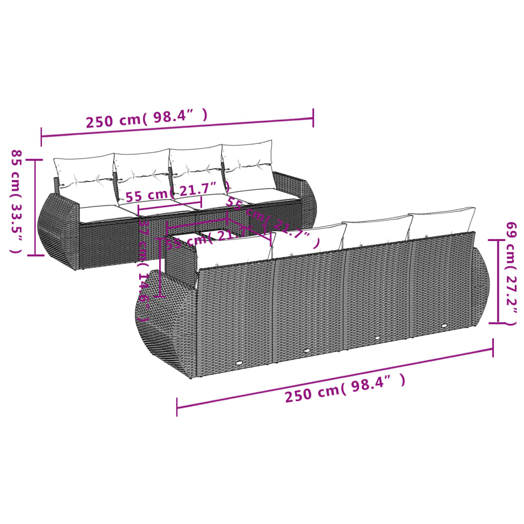 9-tlg. Garten-Sofagarnitur mit Kissen Hellgrau Poly Rattan