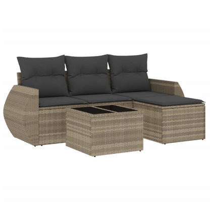 5-tlg. Garten-Sofagarnitur mit Kissen Hellgrau Poly Rattan