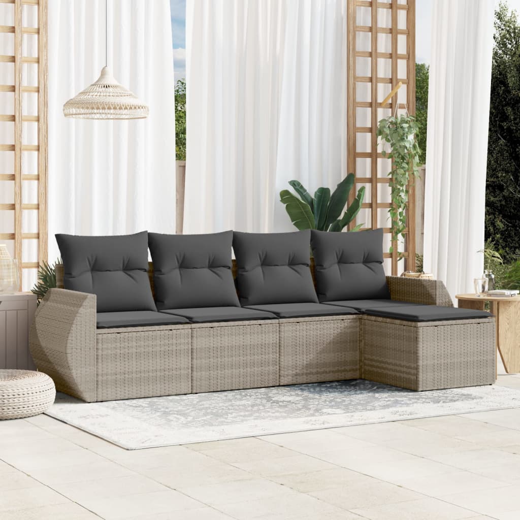 5-tlg. Garten-Sofagarnitur mit Kissen Hellgrau Poly Rattan