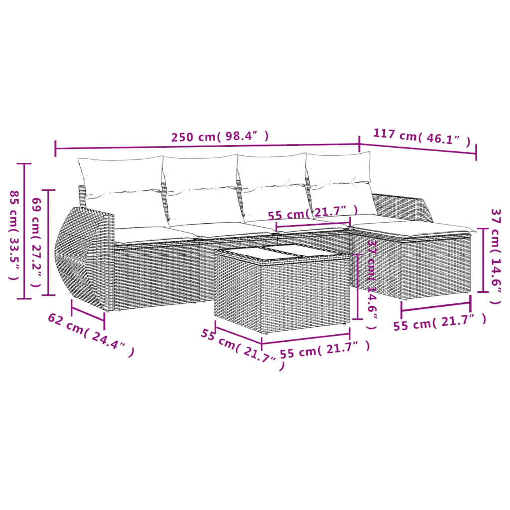 6-tlg. Garten-Sofagarnitur mit Kissen Hellgrau Poly Rattan