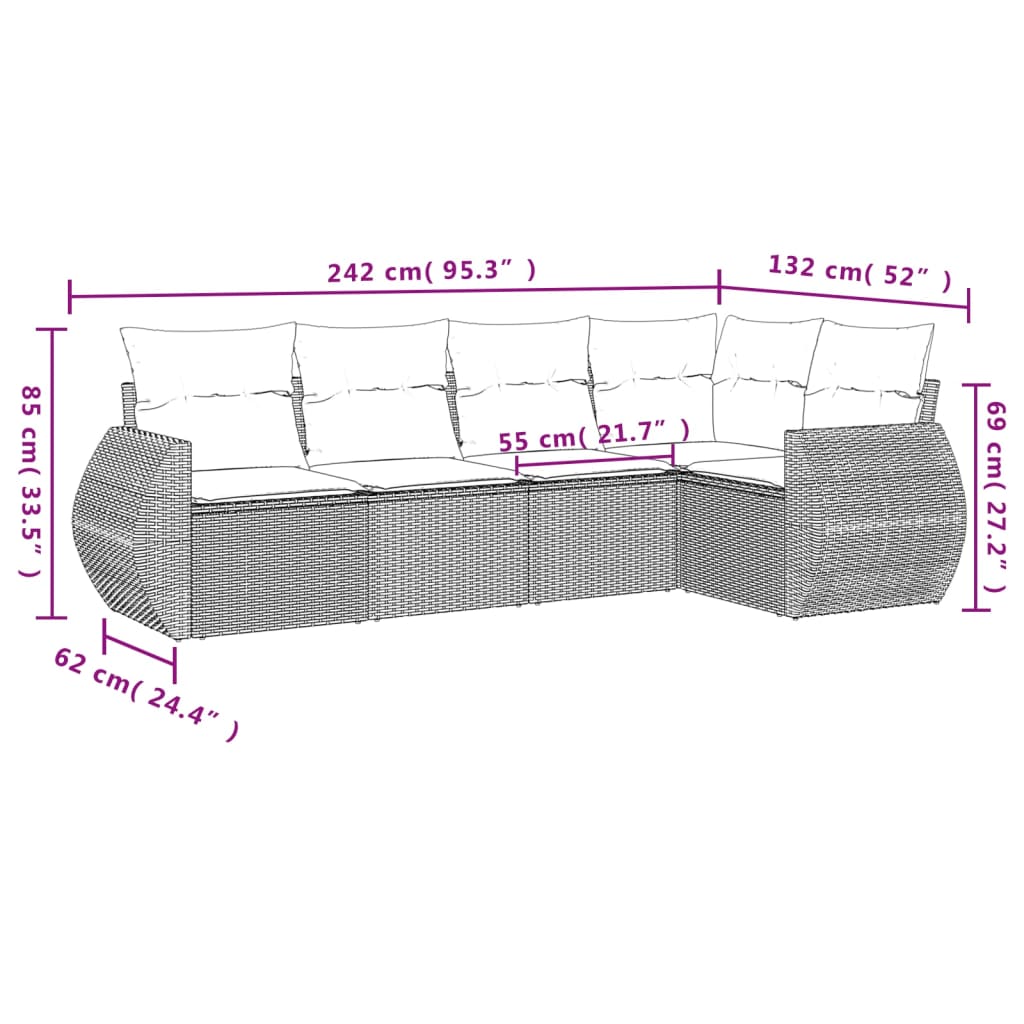 5-tlg. Garten-Sofagarnitur mit Kissen Hellgrau Poly Rattan