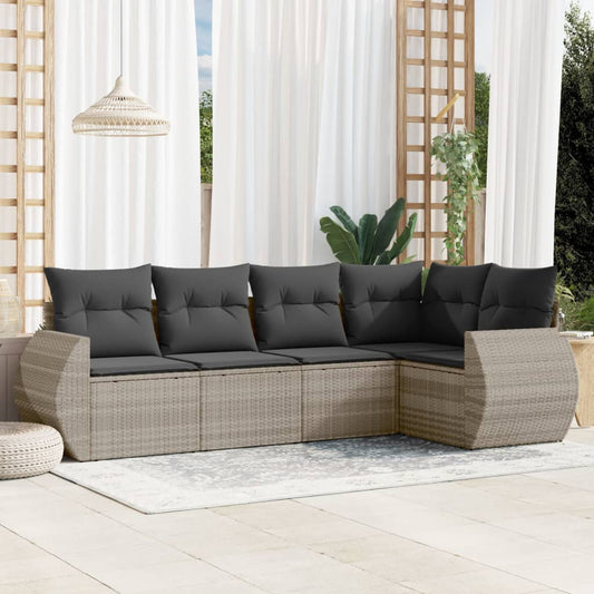 5-tlg. Garten-Sofagarnitur mit Kissen Hellgrau Poly Rattan