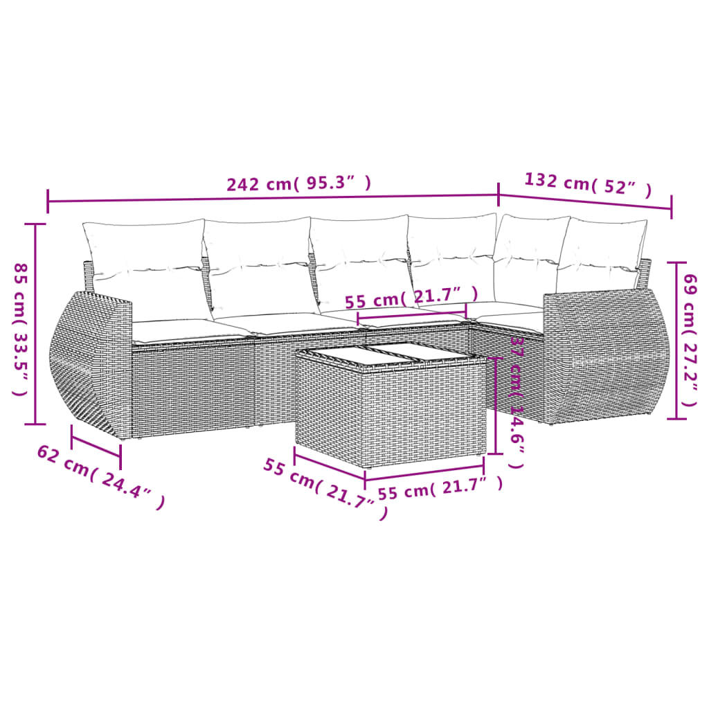 6-tlg. Garten-Sofagarnitur mit Kissen Hellgrau Poly Rattan