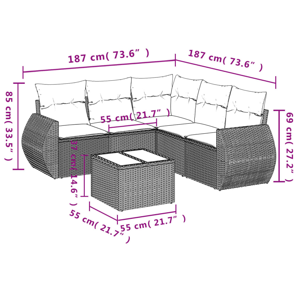 6-tlg. Garten-Sofagarnitur mit Kissen Hellgrau Poly Rattan