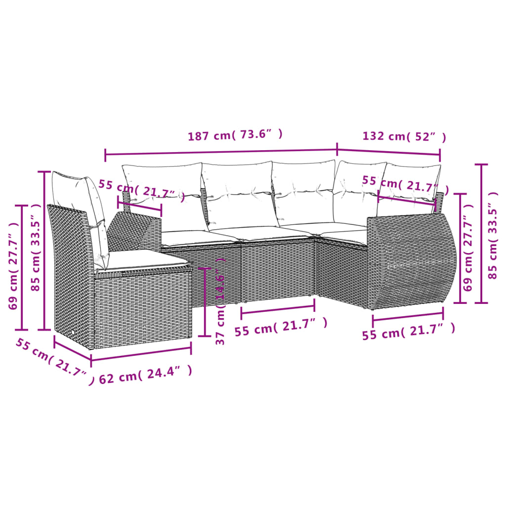 5-tlg. Garten-Sofagarnitur mit Kissen Hellgrau Poly Rattan