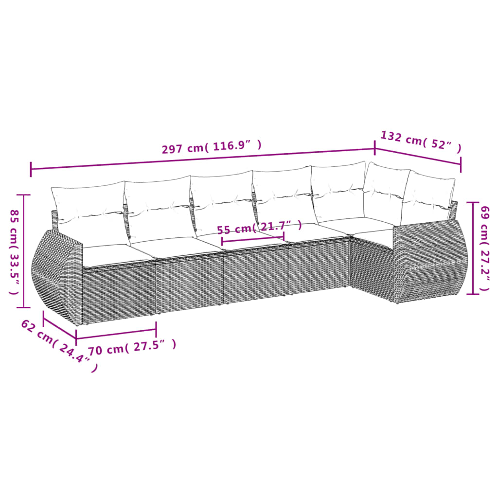 6-tlg. Garten-Sofagarnitur mit Kissen Hellgrau Poly Rattan