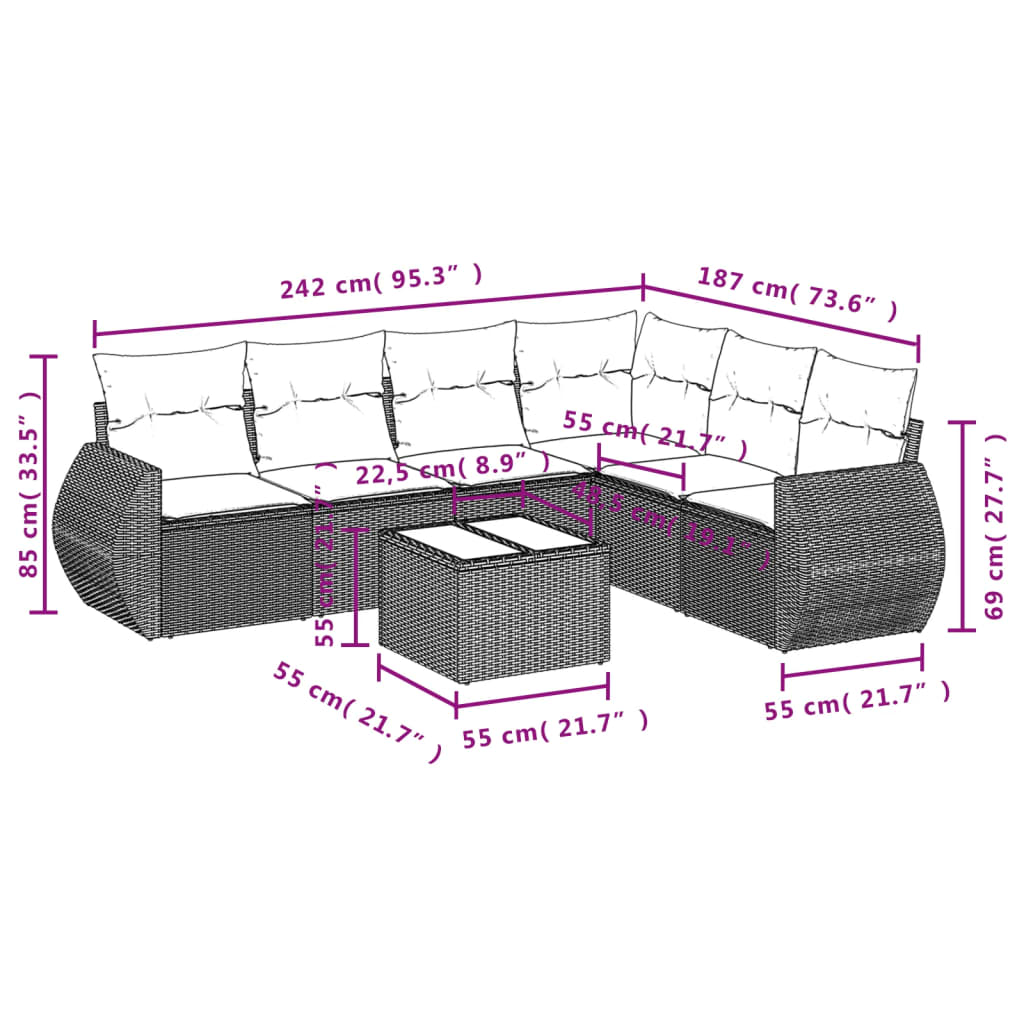 7-tlg. Garten-Sofagarnitur mit Kissen Hellgrau Poly Rattan