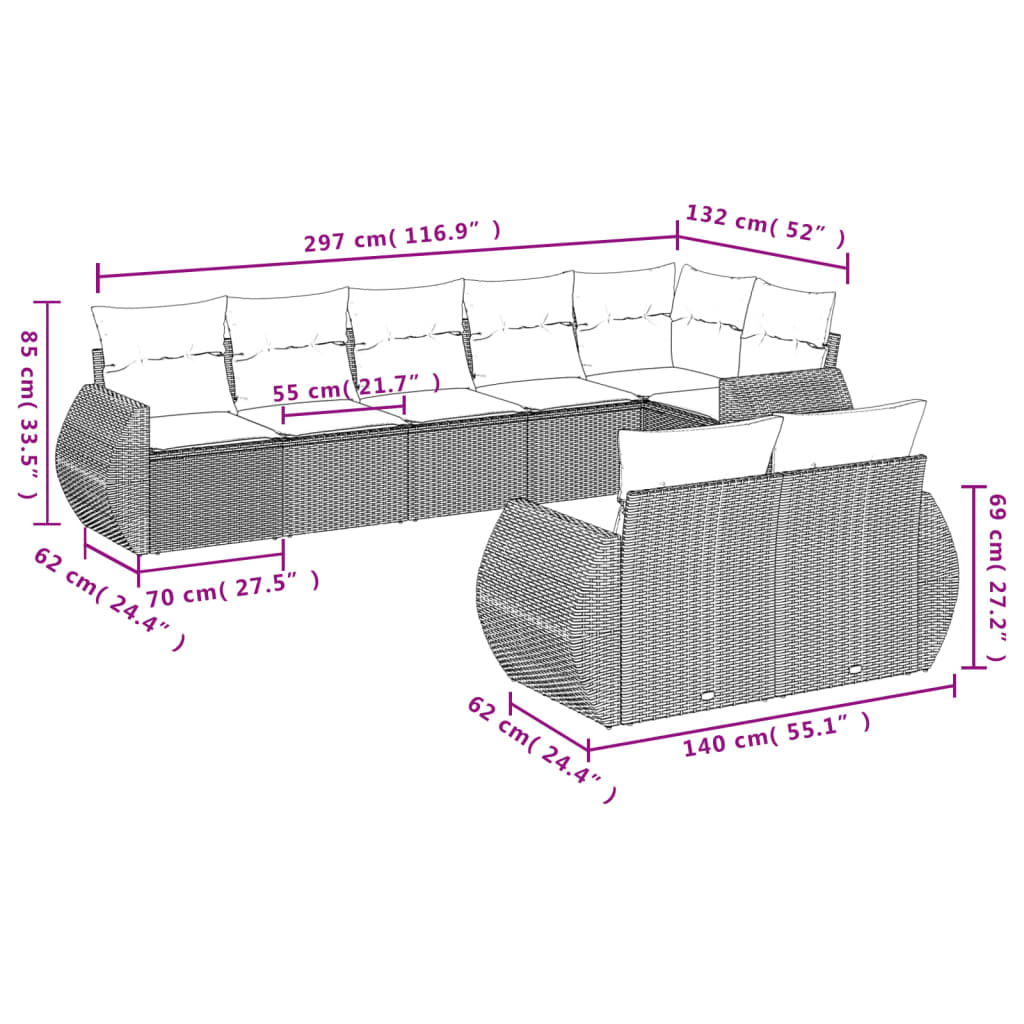 8-tlg. Garten-Sofagarnitur mit Kissen Hellgrau Poly Rattan