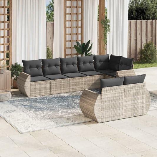 8-tlg. Garten-Sofagarnitur mit Kissen Hellgrau Poly Rattan