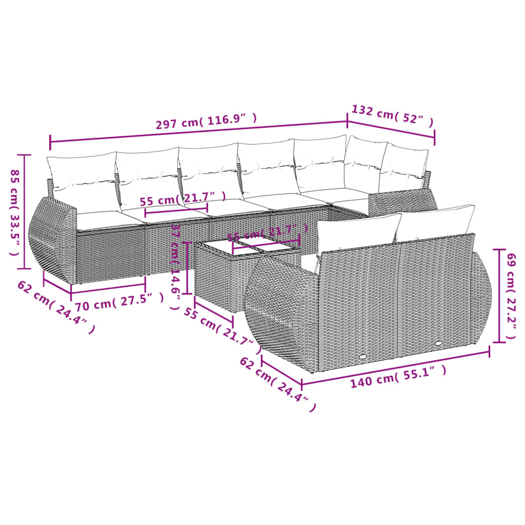 9-tlg. Garten-Sofagarnitur mit Kissen Hellgrau Poly Rattan