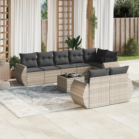 9-tlg. Garten-Sofagarnitur mit Kissen Hellgrau Poly Rattan