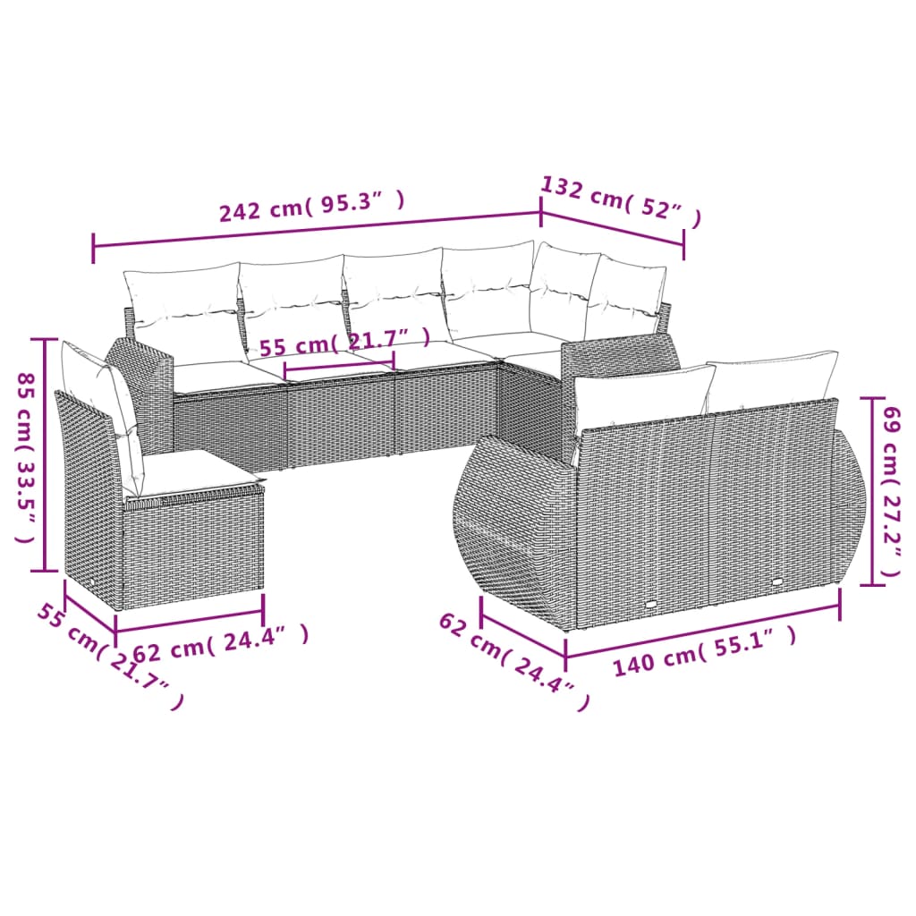 8-tlg. Garten-Sofagarnitur mit Kissen Hellgrau Poly Rattan