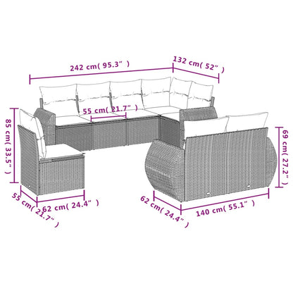 8-tlg. Garten-Sofagarnitur mit Kissen Hellgrau Poly Rattan