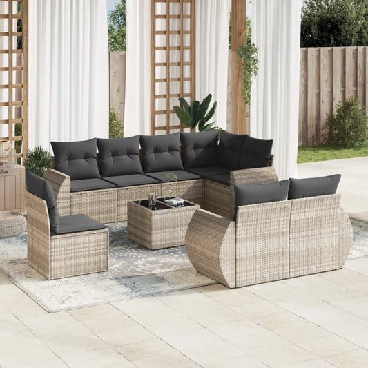 9-tlg. Garten-Sofagarnitur mit Kissen Hellgrau Poly Rattan