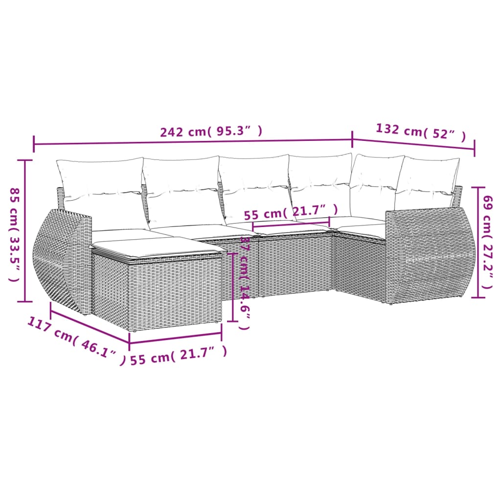 6-tlg. Garten-Sofagarnitur mit Kissen Hellgrau Poly Rattan