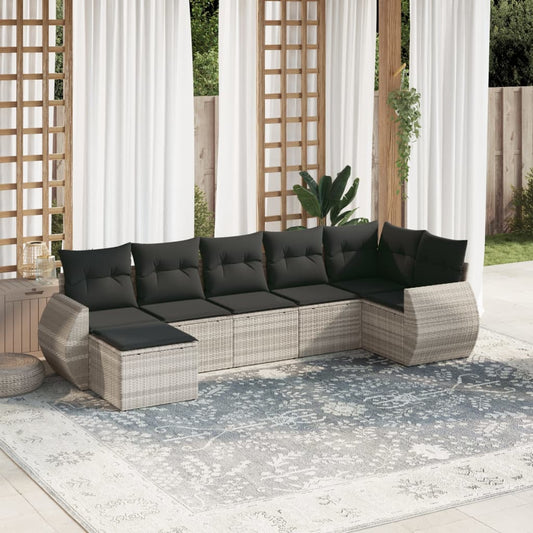 7-tlg. Garten-Sofagarnitur mit Kissen Hellgrau Poly Rattan