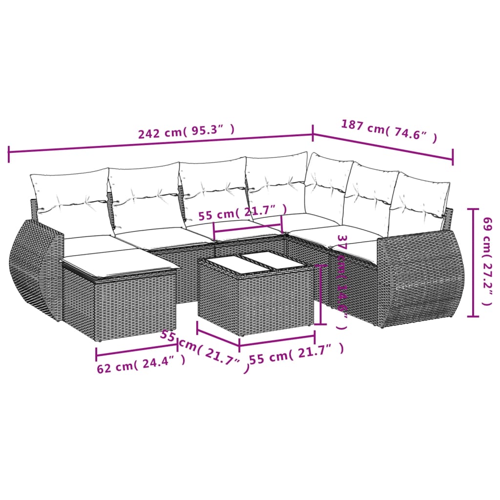 8-tlg. Garten-Sofagarnitur mit Kissen Hellgrau Poly Rattan