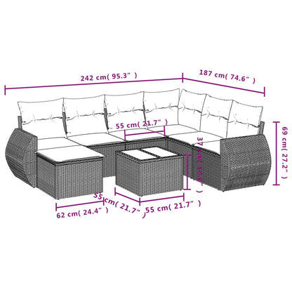 8-tlg. Garten-Sofagarnitur mit Kissen Hellgrau Poly Rattan