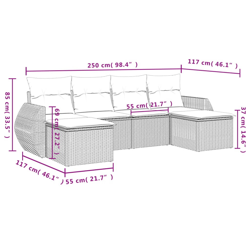 6-tlg. Garten-Sofagarnitur mit Kissen Hellgrau Poly Rattan