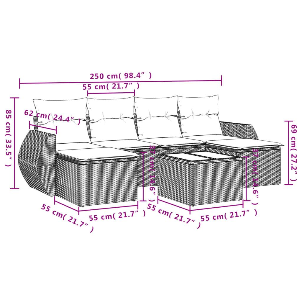 7-tlg. Garten-Sofagarnitur mit Kissen Hellgrau Poly Rattan