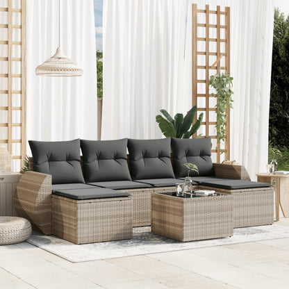 7-tlg. Garten-Sofagarnitur mit Kissen Hellgrau Poly Rattan