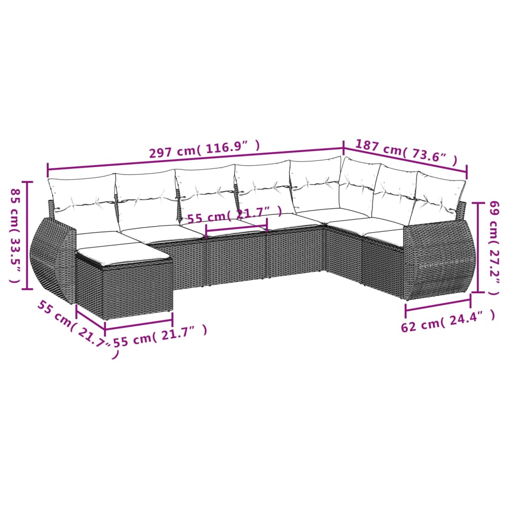 9-tlg. Garten-Sofagarnitur mit Kissen Hellgrau Poly Rattan