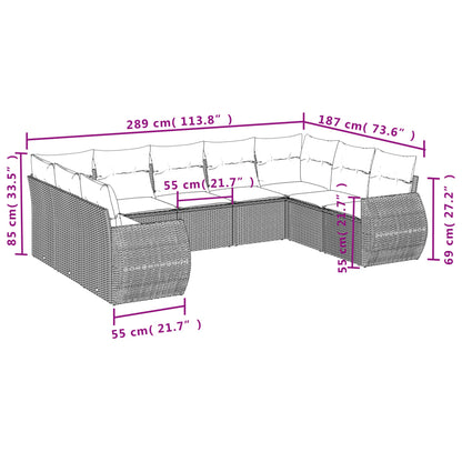 9-tlg. Garten-Sofagarnitur mit Kissen Hellgrau Poly Rattan