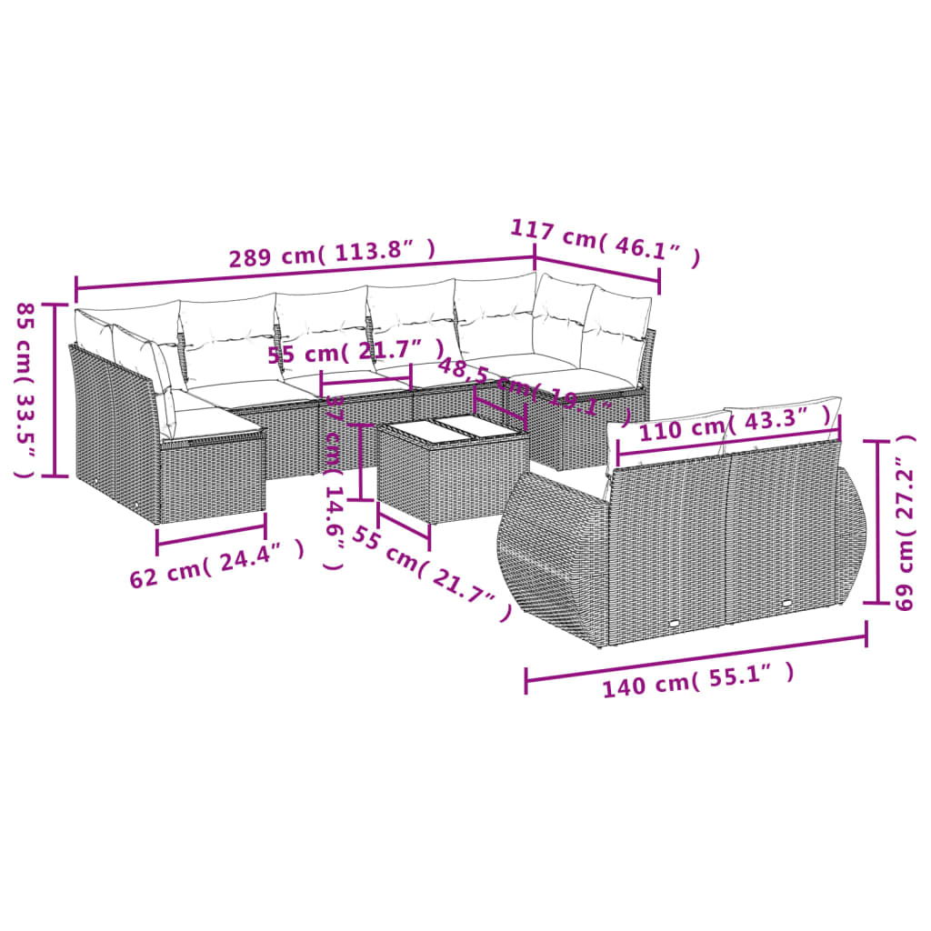 10-tlg. Garten-Sofagarnitur mit Kissen Hellgrau Poly Rattan