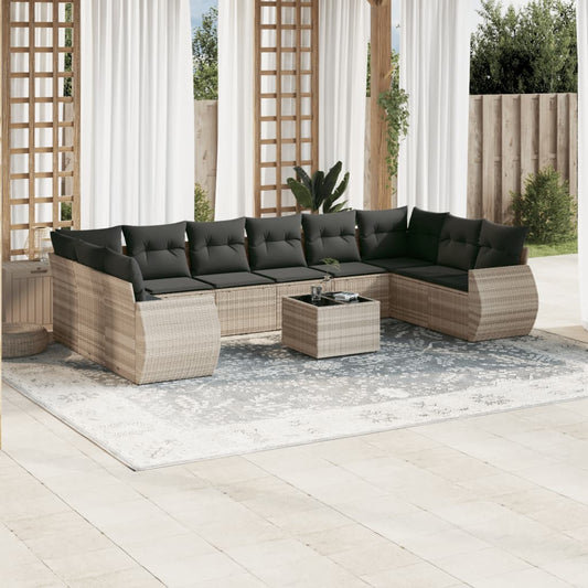 11-tlg. Garten-Sofagarnitur mit Kissen Hellgrau Poly Rattan