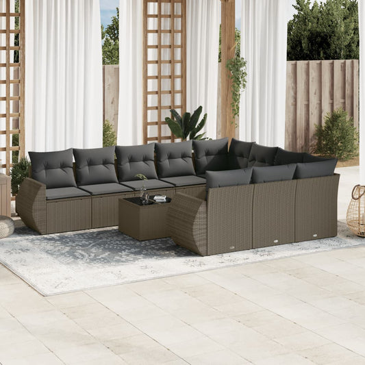 11-tlg. Garten-Sofagarnitur mit Kissen Hellgrau Poly Rattan