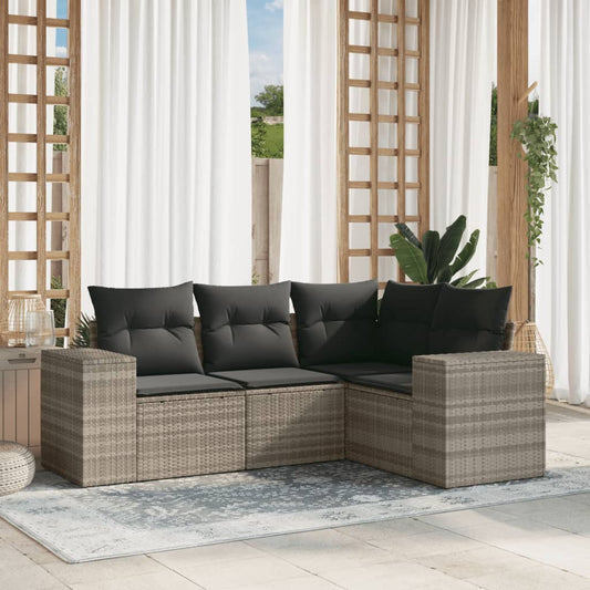 4-tlg. Garten-Sofagarnitur mit Kissen Hellgrau Poly Rattan